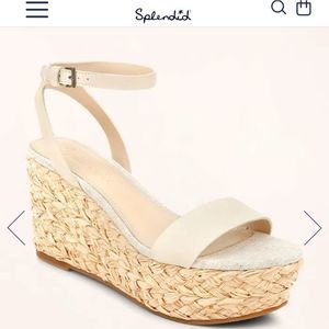 Splendid Cream Leather‎ Raffia Espadrille Wedge Sandals Ankle Strap Platform